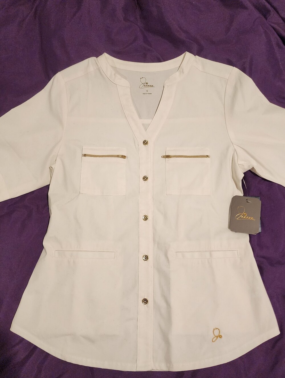 Jaanuu White Medical Scrub Button Down Top with Gold Accents